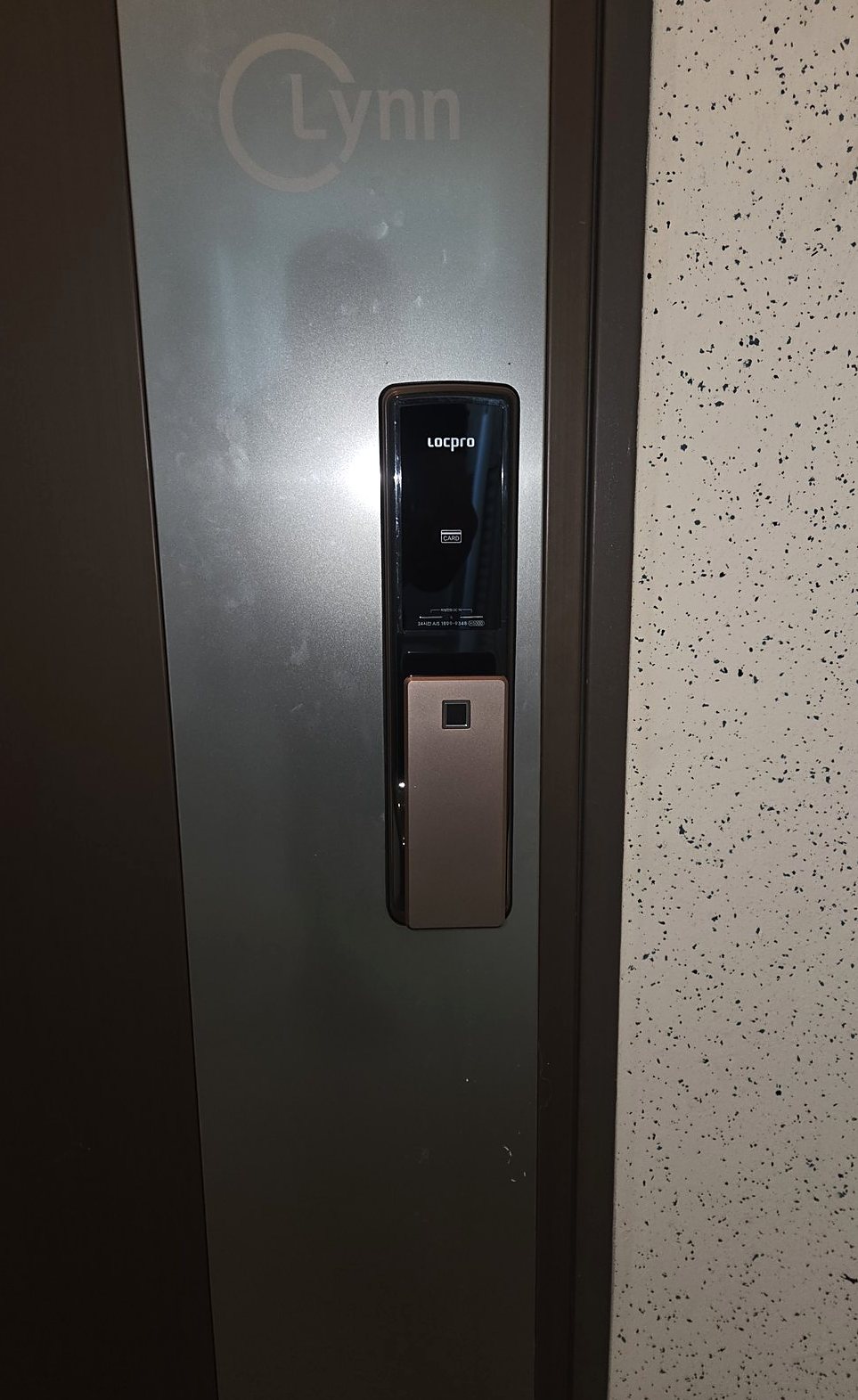 군포시 수리동 출장 — 어두운 문 위 넓은 판에 단 푸시풀형 도어락, 카드 표시와 지문 인식부